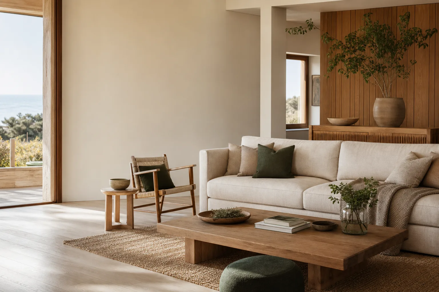 Living cálido con sofá claro y muebles de madera